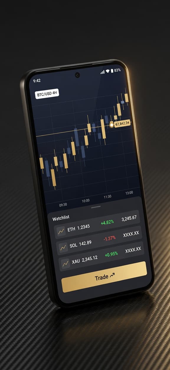 A smartphone displaying the Meridian Capital mobile trading app